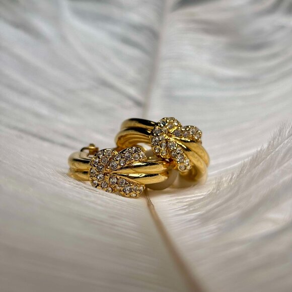 Gold -Tone Plated & Crystals Clip On Earrings Loops - Swarovski - Picture 1 of 6